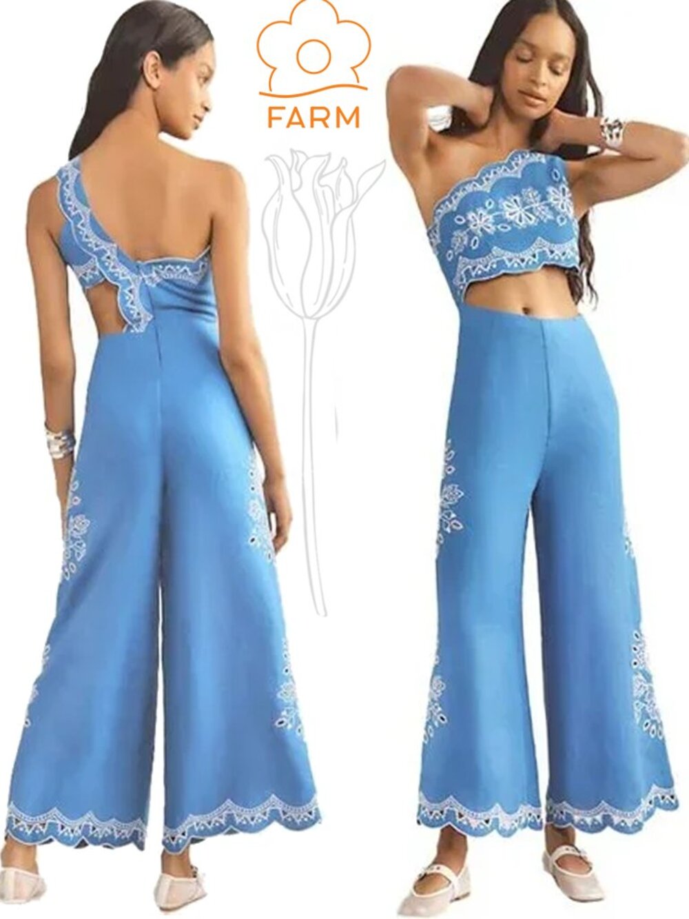 Farm Rio x Anthropologie One-Shoulder Embroidered Linen Jumpsuit NWOT